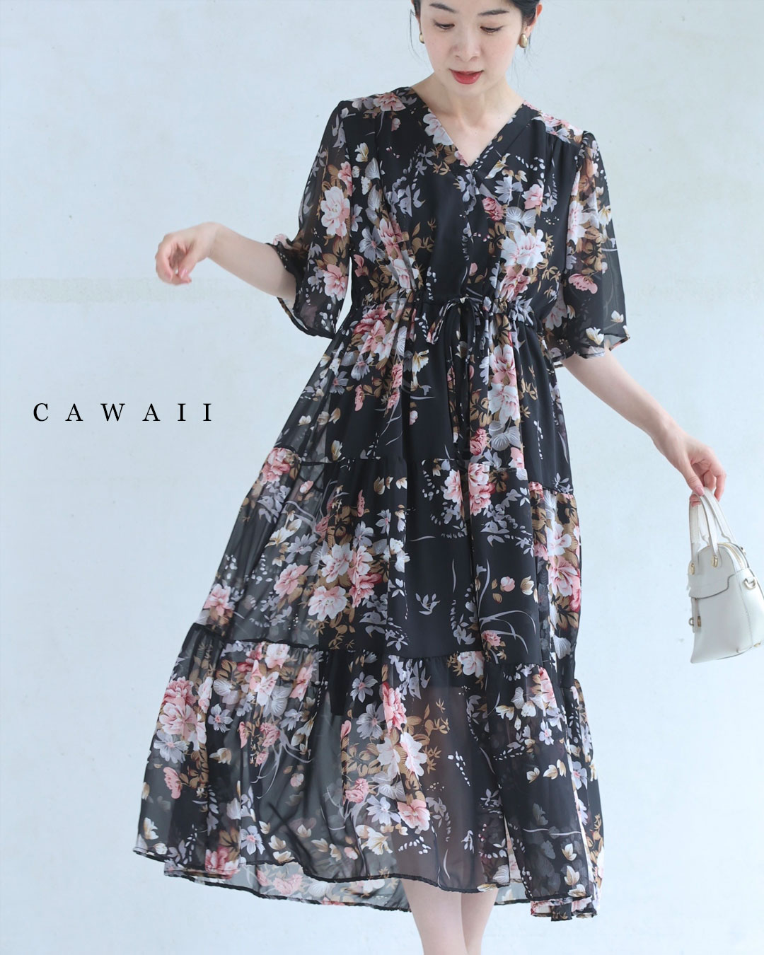 【極美品】cawaii カワイイ 完売品 ナデシコ フロントフリル ワンピース カワイイ CAWAII 一面に咲くナデシコのフロントフリルミディアム