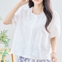 ica/アイカ ica トップス コットンブラウス レースブラウス シャツ ブラウス 花柄 レース コットン パフスリーブ ぽわん袖 半袖 フェミニン かわいい おしゃ/508356949