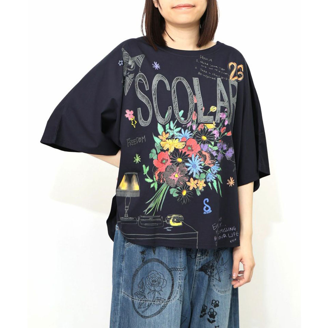 ScoLar スカラー スカラーロゴ 花束柄 接触冷感 プルオーバー Tシャツ カットソー 夏 レディース 半袖 おしゃれ 30代40代 スカラー ScoLar スカラーロゴ花束柄 接触冷感プルオーバー