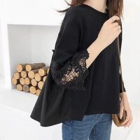 ica/アイカ ica トップス チュニック Tシャツ テールカット Aライン フレア ギャザー 袖 レース プルオーバー 七分袖 切り替え フェミニン 可愛い きれい/508364567