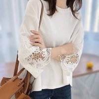 ica/アイカ ica トップス チュニック Tシャツ テールカット Aライン フレア ギャザー 袖 レース プルオーバー 七分袖 切り替え フェミニン 可愛い きれい/508364567