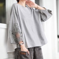 ica/アイカ ica トップス チュニック Tシャツ テールカット Aライン フレア ギャザー 袖 レース プルオーバー 七分袖 切り替え フェミニン 可愛い きれい/508364567