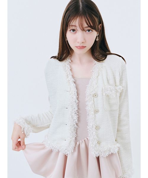 【未使用・タグ付き✨】LILY BROWNフリンジツイードジャケット(ホワイト) 限定カラー】カットツイードフリンジジャケット(508364961