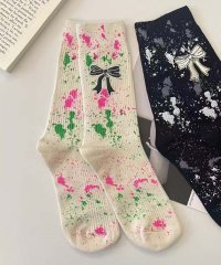 aimoha/アイモハ aimoha 【MOSOX】リボン×ペイントスプラッシュリブクルーソックス/508367716