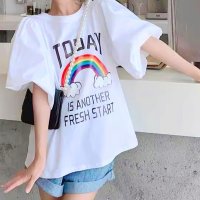 REAL STYLE/リアルスタイル REAL STYLE Tシャツ レディース 半袖 5分袖 ゆったり 夏 カットソー トップス 白 カジュアル バルーンスリーブ プリント ロゴ /508369897