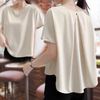 ica/アイカ ica シャツ ブラウス プルオーバー ノーカラー バックタック テールカット 涼しい 薄手 シフォン 半袖 オフィス カジュアル ビジネス OL ナチ/508372674
