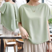 ica/アイカ ica シャツ ブラウス プルオーバー ノーカラー バックタック テールカット 涼しい 薄手 シフォン 半袖 オフィス カジュアル ビジネス OL ナチ/508372674