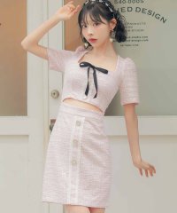 Tika/ティカ Tika キャバドレス[韓国ドレス] 袖あり 五部袖 ネックリボン ウエストカットアウト レーステープ ボタン ツイード タイトミニドレス (Sサイズ～/508372699