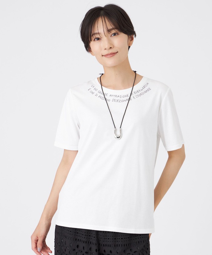 【ECLAT DIVIN】★関税込★ホワイトデイリークラシックTシャツ 接触冷感】【ウォッシャブル】ネックエンブロイダリーカットソー