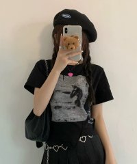 shopnikoniko/ショップニコニコ ShopNikoNiko ロゴプリント アシンメトリー チビTシャツ ma 【即納】トップス Tシャツ 半袖 クロップド丈 ミニ丈 アシメデザ/508379533