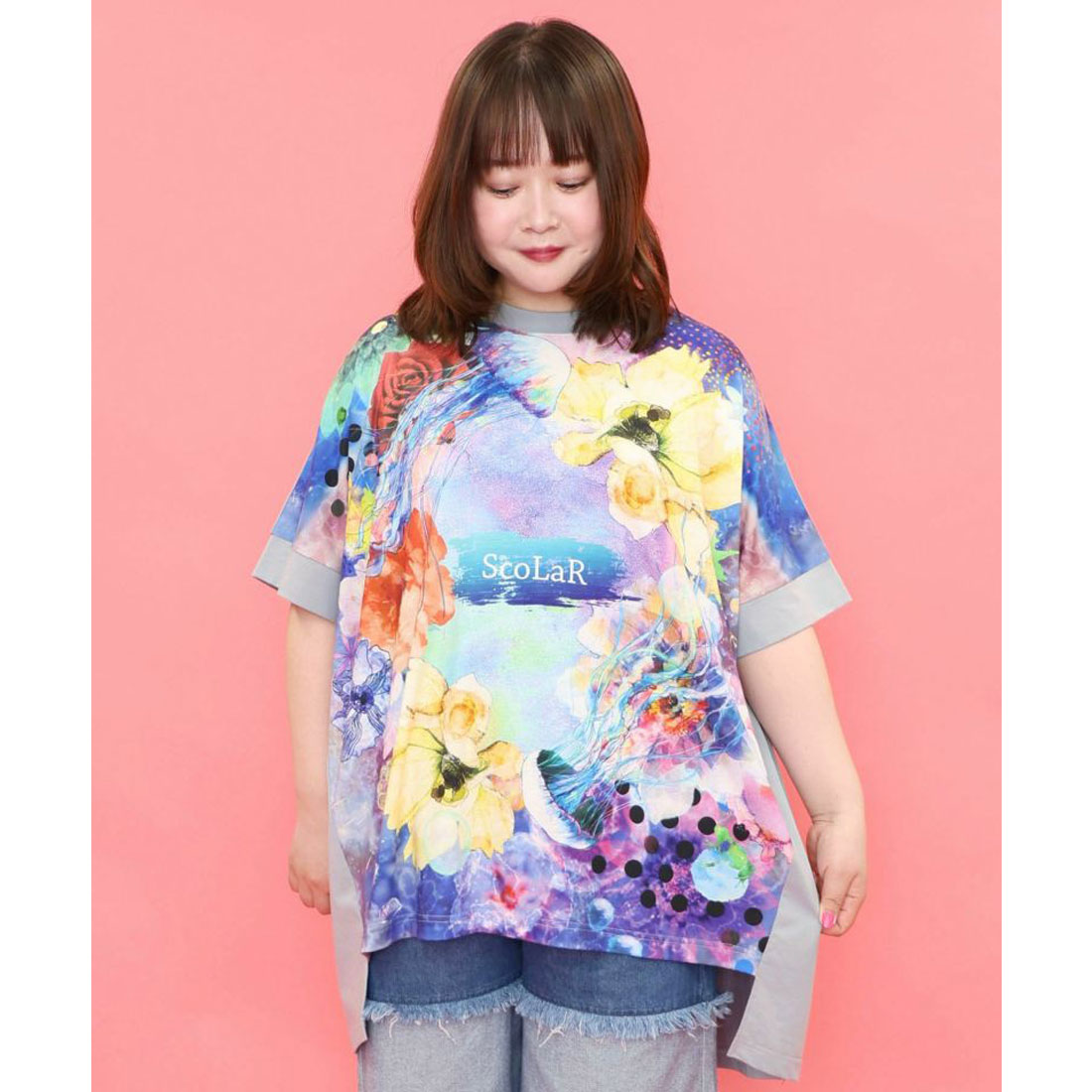 ☆スカラー　152637：花クラゲ柄 切替チュニック セール】152637：花クラゲ柄 切替チュニック（Tシャツ