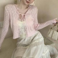 shoppinggo/ショッピングゴー shoppinggo サマーカーディガン 透かし編み Vネックカーディガン トップス 長袖 ショート丈 前開き 透け感 重ね着 かわいい フェ/508382020