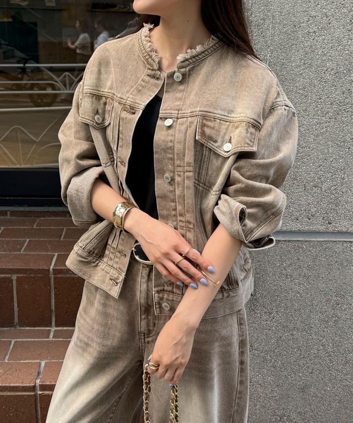 Fredy emue グレイッシュブルー 箔ありデニムジャケット ノーカラーデニムジャケット（4-0330-5-24-001）｜fredy emue