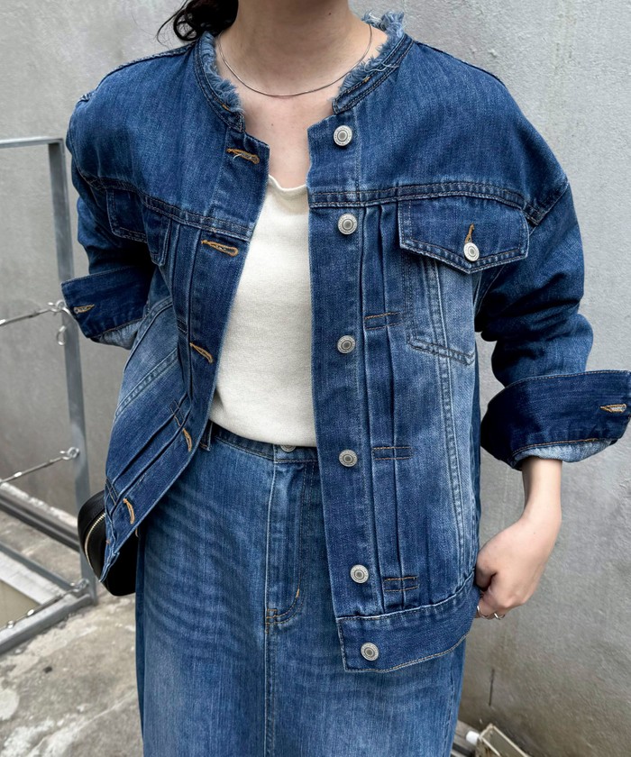 Fredy emue グレイッシュブルー 箔ありデニムジャケット フレディエミュ fredy emue 箔プリントラインデニムパンツ