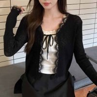 shoppinggo/ショッピングゴー shoppinggo サマーカーディガン 透かし編み Vネックカーディガン トップス 長袖 ショート丈 前開き 透け感 重ね着 かわいい フェ/508382020