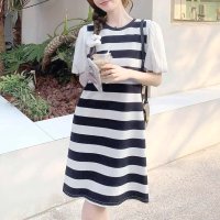 shoppinggo/ショッピングゴー shoppinggo ニットワンピース ボーダー柄 半袖 サマーニットワンピ 袖切り替え きれいめ 上品 マキシ丈 フェミニン 切り替え レト/508382021