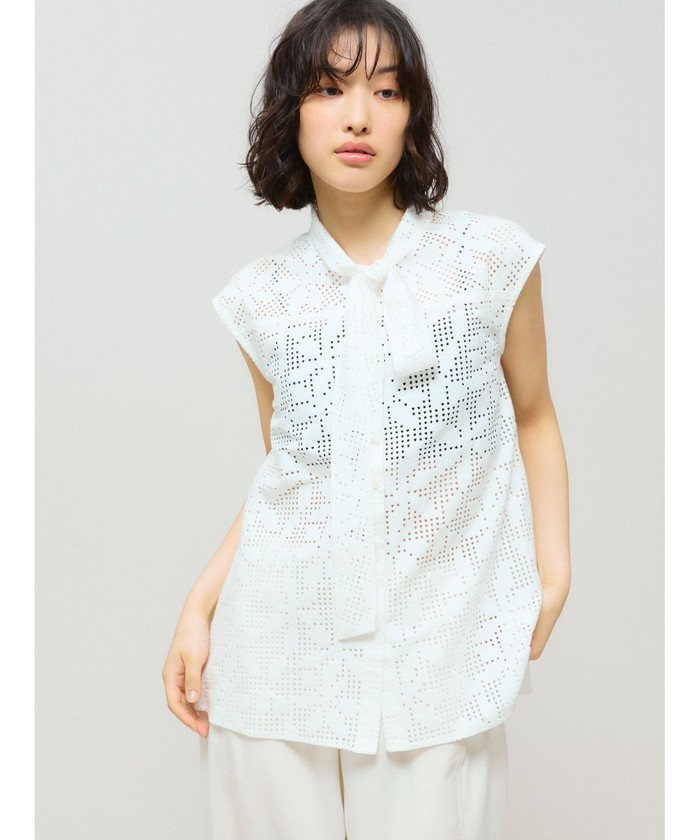 ミディウミソリッド 北欧暮らしの道具店取扱い　ノーカラーピンタックレースブラウス MIDIUMISOLID for Ladies レースボウタイノースリーブブラウス