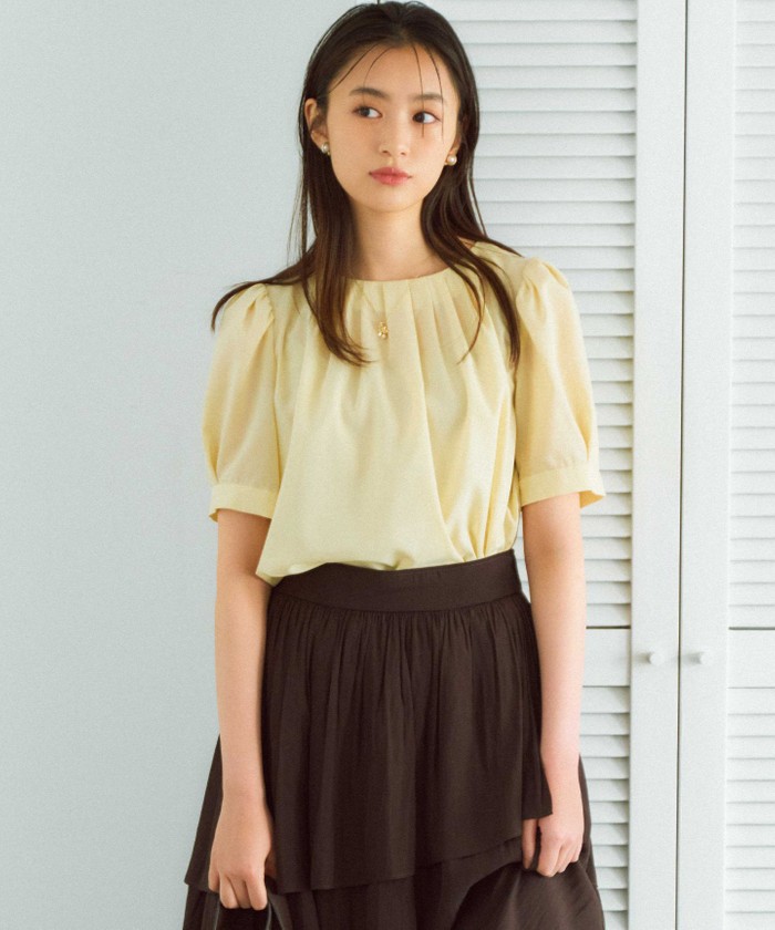 美品 ヒューデイトゥイブニング パフスリーブ パール 襟ブラウス ピンク系 38 org.jpg