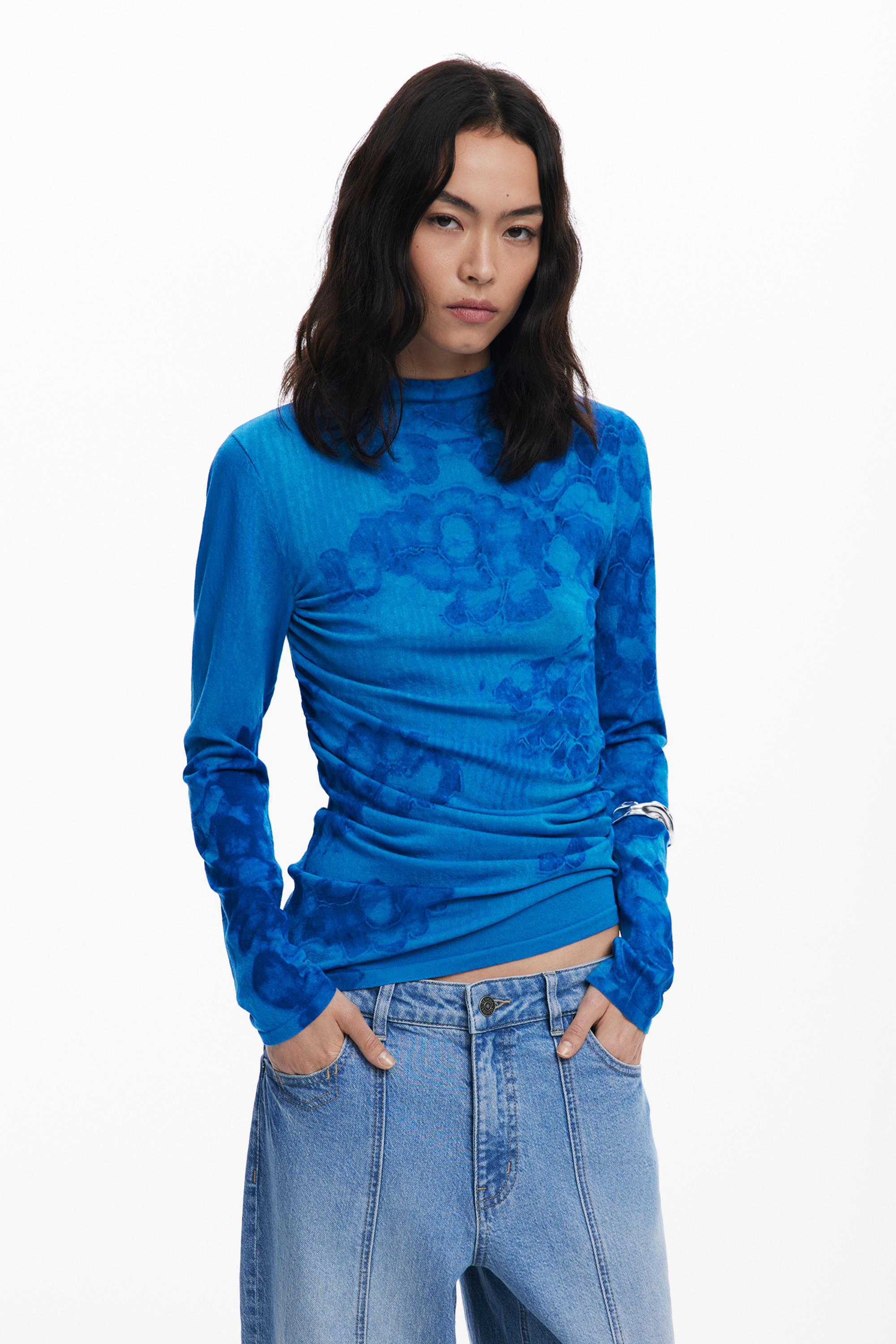 デシグアル Desigual 青レース編み長袖チュニック M デシグアル Desigual トロピカル チュニックワンピース （ブルー