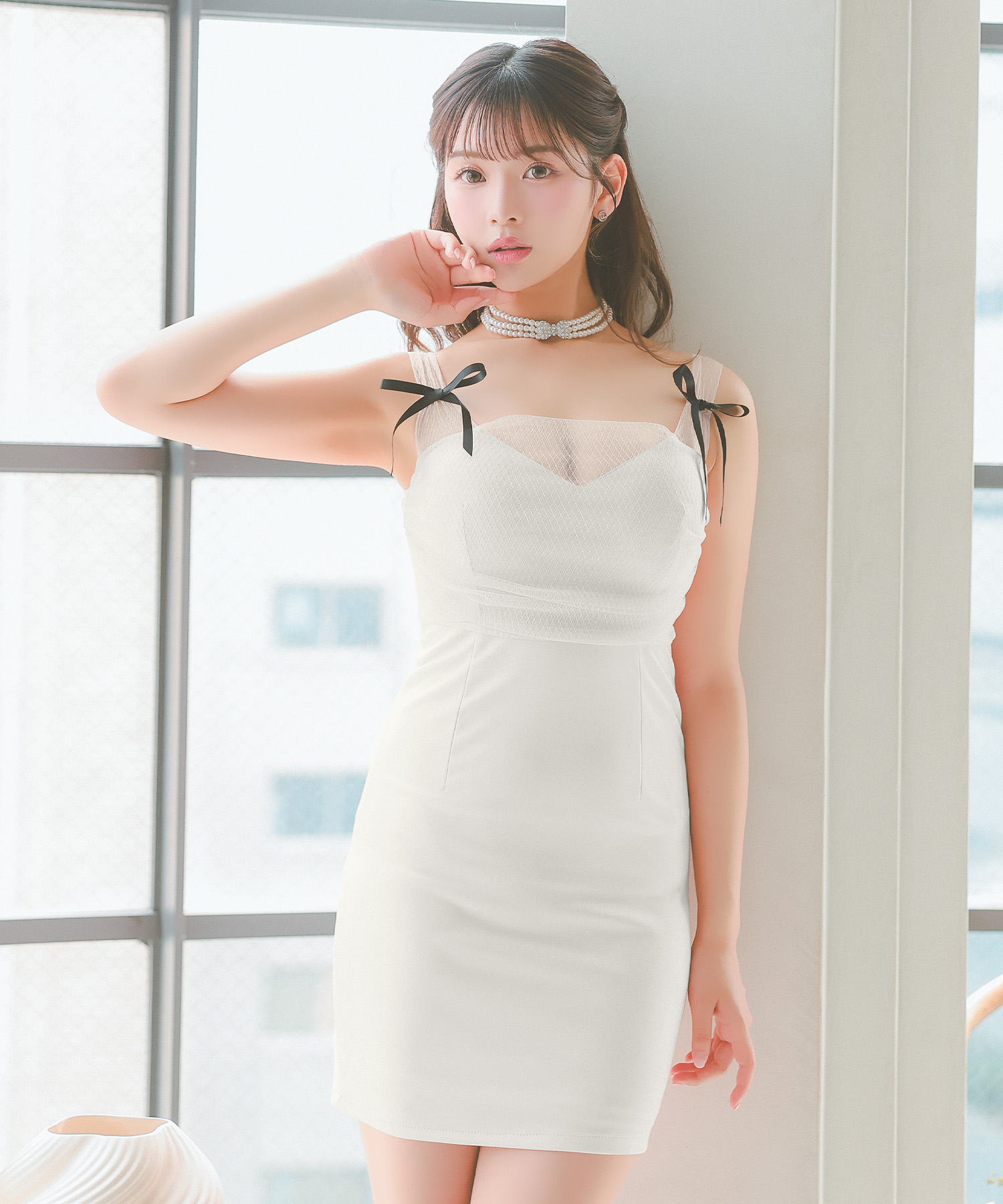 ◆MICHAA ボタンディテールドレス ティカ Tika キャバドレス シアー キャミソール リボン