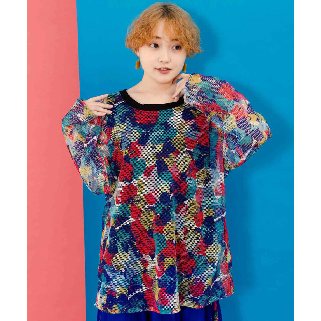 スカラー ScoLar ネコと女の子アート柄 ボリューム袖Tシャツ