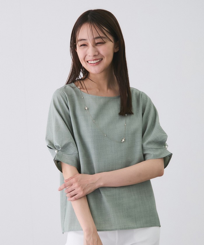 【美品】stola パール釦タックスリーブブラウス 36 アイボリー 白 セール】パール付きタックスリーブブラウス（シャツ/ブラウス