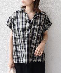 SHIPS Colors WOMEN/innowave:〈手洗い可能〉TC チェック スキッパー フレンチスリーブ ブラウス/508397393