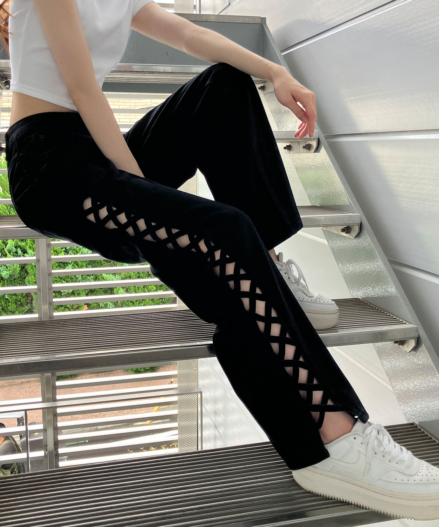 サイドレースアップデニムストレートパンツ　ジーンズ セール】ミージェーン me Jane サイドレースアップデニム