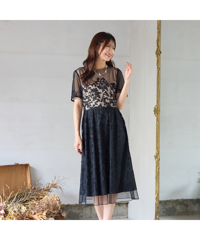 美シルエット】ドットチュール刺繍ワンピース(508401506