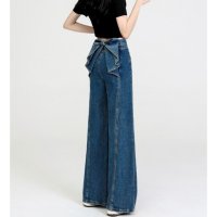 Belle Cie/ベルシー Belle Cie デニムパンツ ストレート ボトムス ワイド リボン 美脚 ガーリー レディース 韓国ファッション ジーンズ 個性派 フェミニン 体/508402762