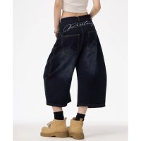 Belle Cie/ベルシー Belle Cie デニムパンツ ワイドパンツ ジーンズ クロップド 半端丈 カーブ レディース 韓国ファッション ロゴ入り 立体カット Y2K ボリ/508402765