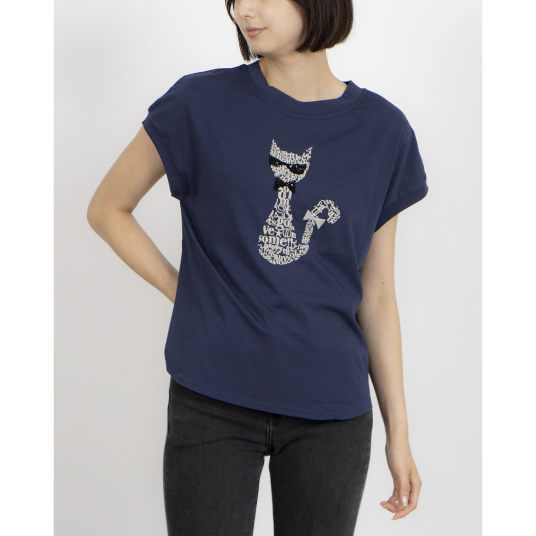 tシャツ EGLANTINE ネコデザイン刺繍カットソー レディース エグランティーヌ EGLANTINE ネコデザイン刺繍カットソー