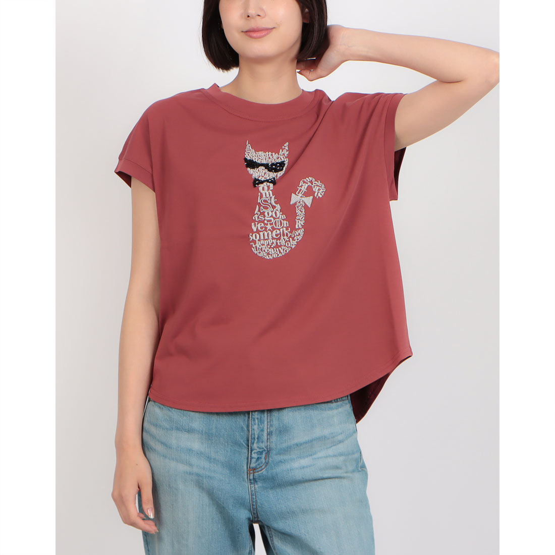 tシャツ EGLANTINE ネコデザイン刺繍カットソー レディース エグランティーヌ EGLANTINE ネコデザイン刺繍カットソー
