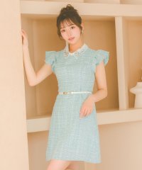 Tika/ティカ Tika キャバドレス 襟付きフラワービジューフリル袖ウエストベルト半袖ツイードフレアミニドレス (Sサイズ～XLサイズ)/508407172