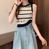 Carpe diem/カルペディエム Carpe diem ボーダー柄ニットタンクトップ サマータンクトップス ショート丈タンクトップ ウンドネック 着回しオールシーズン プルオーバ/508407451