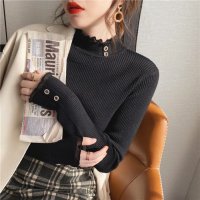 Carpe diem/カルペディエム Carpe diem ニットトップス ハイネック メロウフリル カットソー フラワー 長袖 ゆったり 薄手ニット ボトルネック リブ編み インナ/508407463
