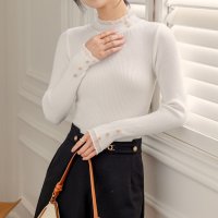 Carpe diem/カルペディエム Carpe diem ニットトップス ハイネック メロウフリル カットソー フラワー 長袖 ゆったり 薄手ニット ボトルネック リブ編み インナ/508407463