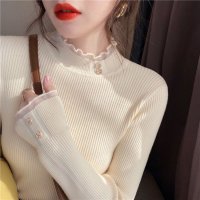 Carpe diem/カルペディエム Carpe diem ニットトップス ハイネック メロウフリル カットソー フラワー 長袖 ゆったり 薄手ニット ボトルネック リブ編み インナ/508407463