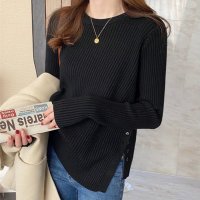Carpe diem/カルペディエム Carpe diem ニットトップス長袖 トップス サイドスリット ニット クルーネック 丸首 レディース シンプル 無地 ゆったり リブニット/508407464