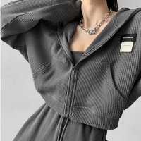 Carpe diem/カルペディエム Carpe diem ジップパーカー クロップド ワッフル シンプル 韓国風 uv防止 対策 ワッフルパーカー ロップド丈 フルジップフーディー/508407468