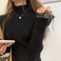 Carpe diem/カルペディエム Carpe diem トップス長袖 レディース フリル襟 カットソー 長袖 薄手ニット フリルハイネック レース付き メロウ 花柄デザイン 袖レ/508407478