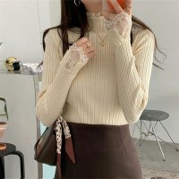 Carpe diem/カルペディエム Carpe diem トップス長袖 レディース フリル襟 カットソー 長袖 薄手ニット フリルハイネック レース付き メロウ 花柄デザイン 袖レ/508407478