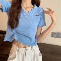 Carpe diem/カルペディエム Carpe diem Tシャツ ショート丈 Tシャツ半袖 トップス サマーニット vネック ベーシック刺繍 カットソー シンプル 可愛い 無地 /508407496
