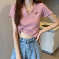 Carpe diem/カルペディエム Carpe diem Tシャツ ショート丈 Tシャツ半袖 トップス サマーニット vネック ベーシック刺繍 カットソー シンプル 可愛い 無地 /508407496