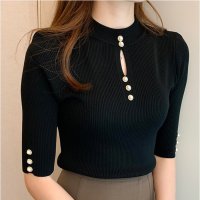Carpe diem/カルペディエム Carpe diem ニット トップス 半袖 リブニット 夏 胸元あき ニットハイネック パール付き サマーニット オフィス カジュアル 無地 /508407498