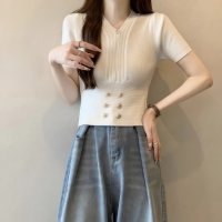 Carpe diem/カルペディエム Carpe diem ボタン付きショート丈ニットトップス サマーニット 半袖ニット vネックニット レディース ショート トップス ボトルネック/508407502