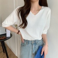 Carpe diem/カルペディエム Carpe diem ニットトップス 半袖 サマーニット半袖 ニットソー カジュアル 五分袖 ストレッチ 夏服 伸縮性 韓国ファッション 薄手ニ/508407508