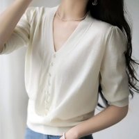 Carpe diem/カルペディエム Carpe diem サマーニット レディース ニット トップス ショート丈 vネック ゆったり ニットカーディガン 夏t シンプル ニット半袖/508407513
