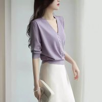 Carpe diem/カルペディエム Carpe diem サマーニット レディース ニット トップス ショート丈 vネック ゆったり ニットカーディガン 夏t シンプル ニット半袖/508407513