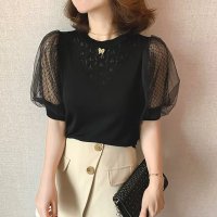 Carpe diem/カルペディエム Carpe diem パフスリーブ 半袖 チュール袖 レース編みニット 半袖トップス 透かし編みニット 大人カジュアル 透け感 夏服 サマーニッ/508407520